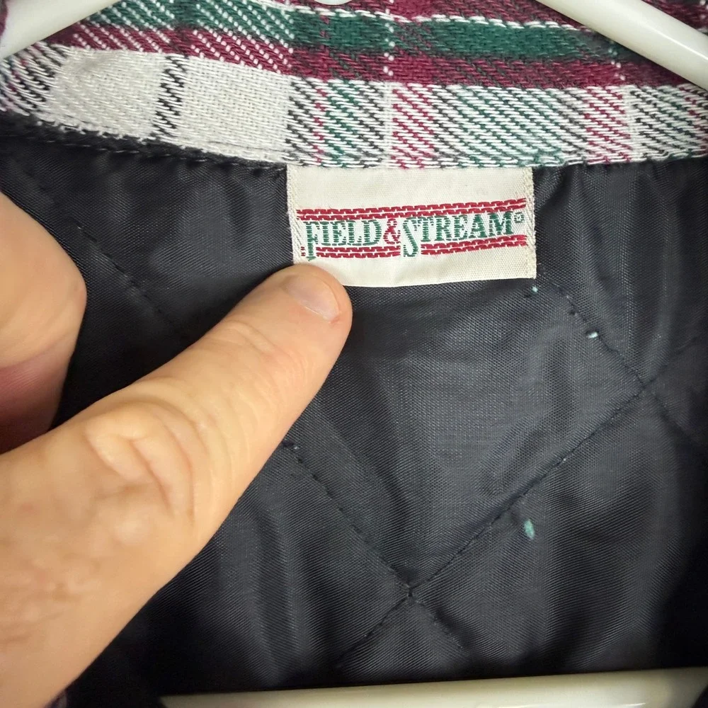 Field & Stream Mens M Plaid Quilted‎ Lined Flannel Shirt Jacket Green Burgundy